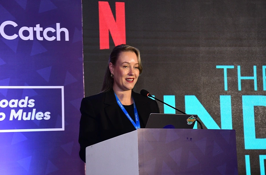 Speaker presenting at corporate strategy event