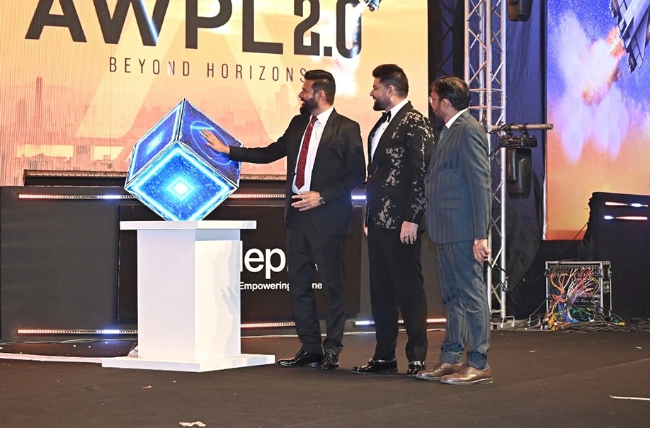 Corporate leaders unveiling product at launch event